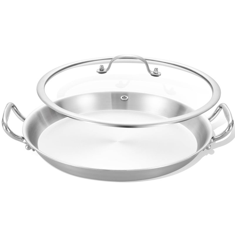 LOLYKITCH 12 Inch Triply Stainless Steel Paella PanGriddleLarge SkilletOmeletJumbo CookerHeavy DutyDishwasher and Oven Safe