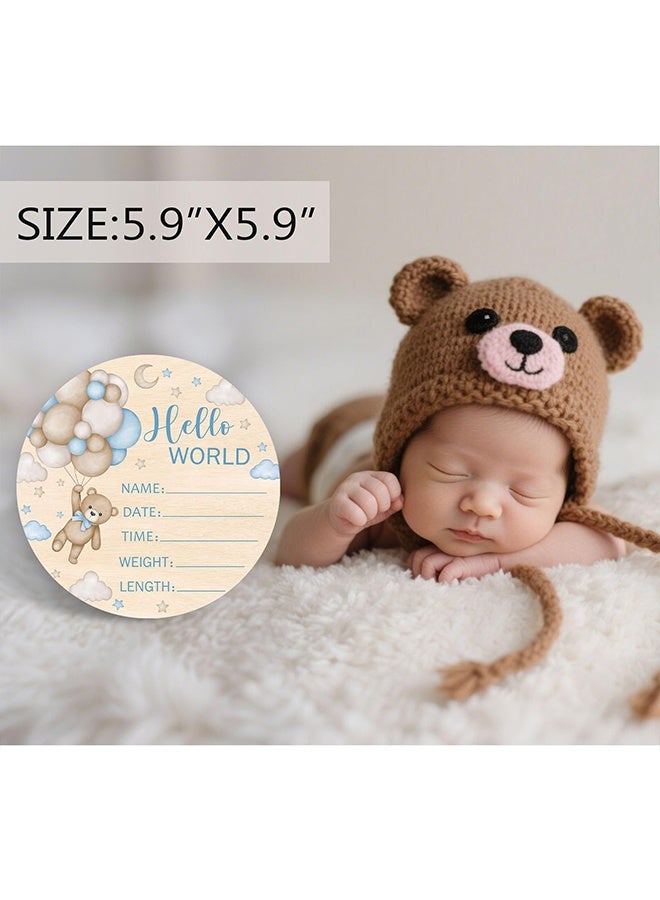 1 Pc Double-Sided Wooden Blue Bear Newborn Birth Sign & Baby Announcement Sign, Hello World Name Sign for Hospital, New Mom Gift, Baby Shower & Photography Prop - Image 3