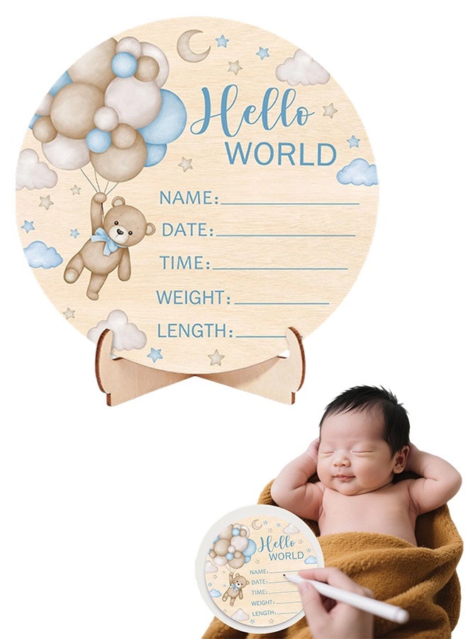 1 Pc Double-Sided Wooden Blue Bear Newborn Birth Sign & Baby Announcement Sign, Hello World Name Sign for Hospital, New Mom Gift, Baby Shower & Photography Prop - Image 1