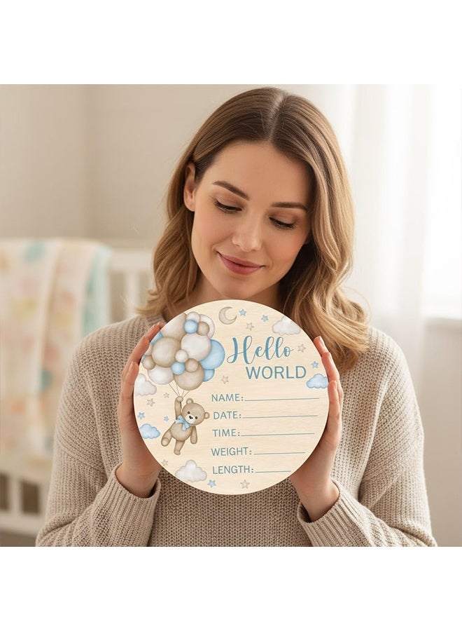 1 Pc Double-Sided Wooden Blue Bear Newborn Birth Sign & Baby Announcement Sign, Hello World Name Sign for Hospital, New Mom Gift, Baby Shower & Photography Prop - Image 5