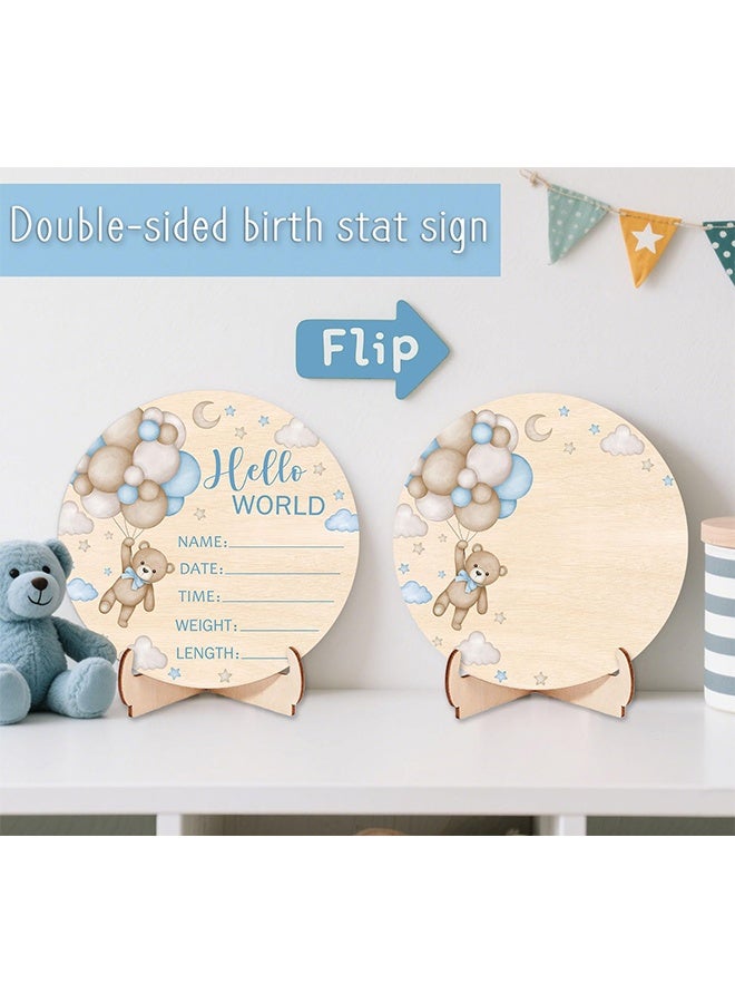 1 Pc Double-Sided Wooden Blue Bear Newborn Birth Sign & Baby Announcement Sign, Hello World Name Sign for Hospital, New Mom Gift, Baby Shower & Photography Prop - Image 2