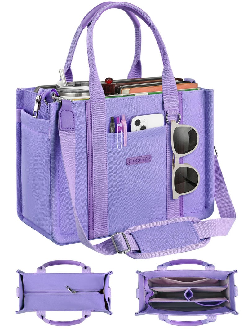 FIORETTO Canvas Tote Bag Purse for Women with Zipper, Multiple Compartments, bottle holder & Reinforced Bottom, Perfect for Nurses & Teachers for Work, Bible Study, Travel & Daily Use Purple L - Image 1