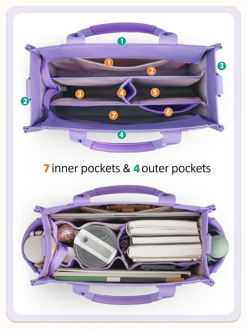 FIORETTO Canvas Tote Bag Purse for Women with Zipper, Multiple Compartments, bottle holder & Reinforced Bottom, Perfect for Nurses & Teachers for Work, Bible Study, Travel & Daily Use Purple L - Image 4