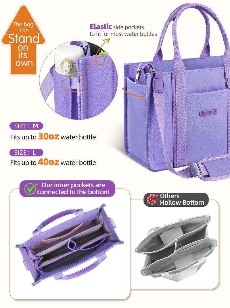 FIORETTO Canvas Tote Bag Purse for Women with Zipper, Multiple Compartments, bottle holder & Reinforced Bottom, Perfect for Nurses & Teachers for Work, Bible Study, Travel & Daily Use Purple L - Image 5