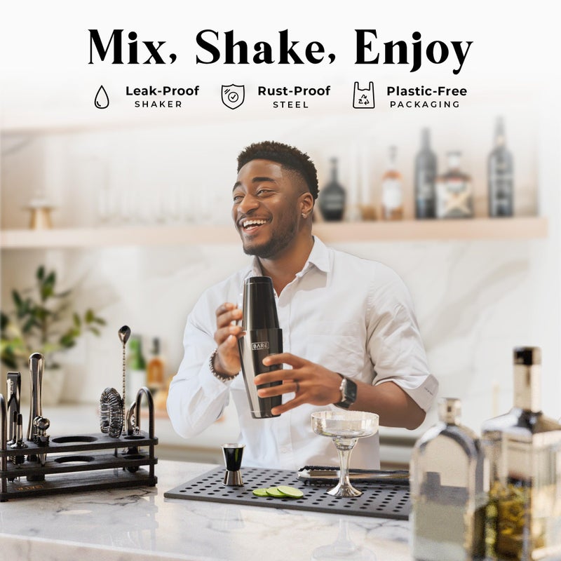 BARE BARRELÂ® Mixology Bartender Kit Bar Set | 14-Piece Cocktail Shaker Set | Martini Barware Mixing Tools for Home Bartending | 35 Recipe Cards | Gift Set (28oz Boston Shaker, Jet Black/Black) - Image 3