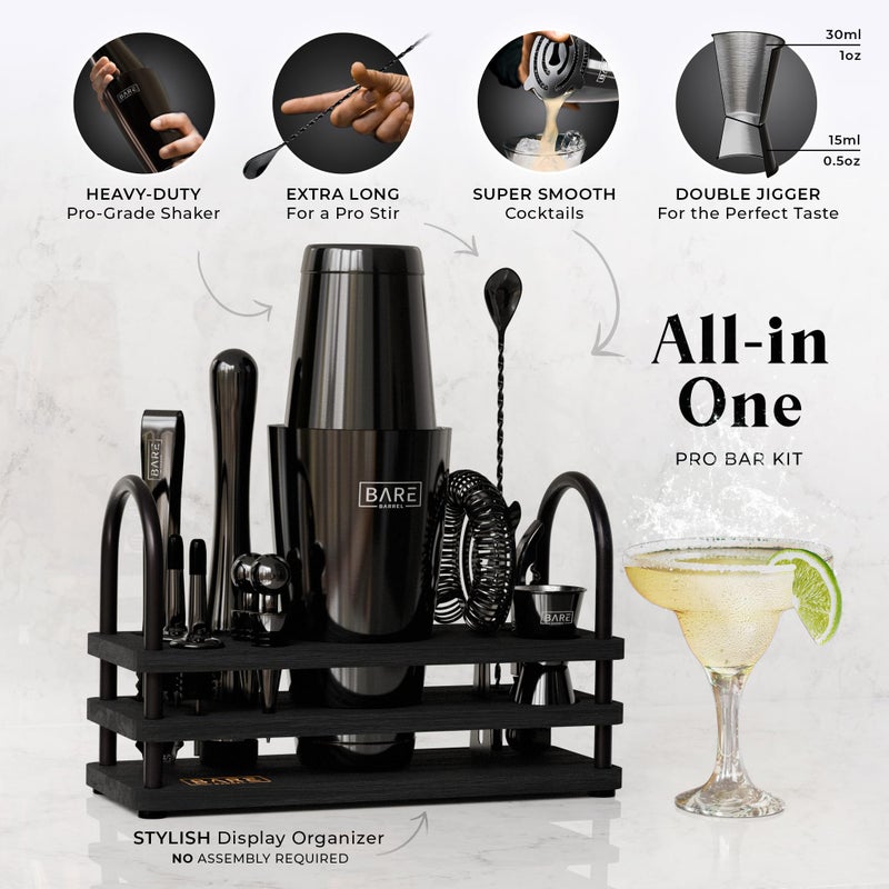 BARE BARRELÂ® Mixology Bartender Kit Bar Set | 14-Piece Cocktail Shaker Set | Martini Barware Mixing Tools for Home Bartending | 35 Recipe Cards | Gift Set (28oz Boston Shaker, Jet Black/Black) - Image 2