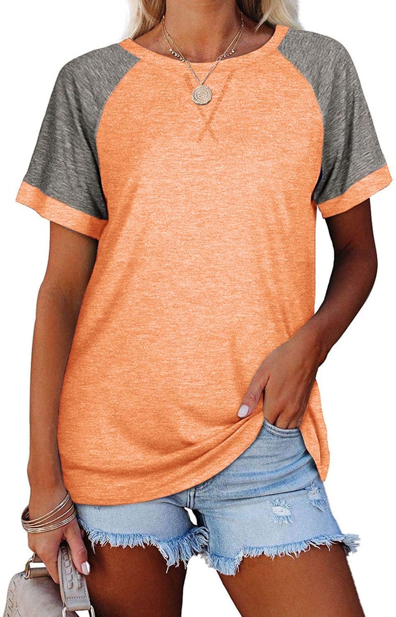 Esobo Women's Raglan Short Sleeve Crewneck T-Shirt Color Block Tunic Tshirt Casual Loose Blouses Tops Orange - Image 1