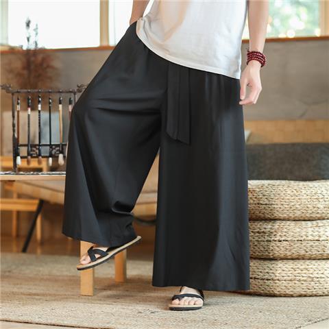 Summer Pendant Straight Leg Pants Mens Chinese Style Tang Suit Ice Silk Thin Casual Trousers Retro Style Fairy Han Style Culottes Black 3 - Image 1