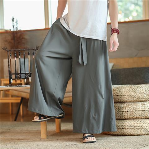 Summer Pendant Straight Leg Pants Mens Chinese Style Tang Suit Ice Silk Thin Casual Trousers Retro Style Fairy Han Style Culottes Black 3 - Image 2