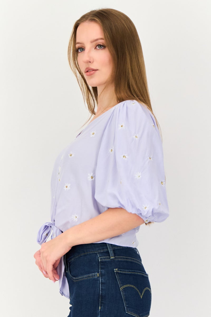 VERO MODA Women V Neck Short Sleeve Embroidered Blouse, Light Purple - Image 2