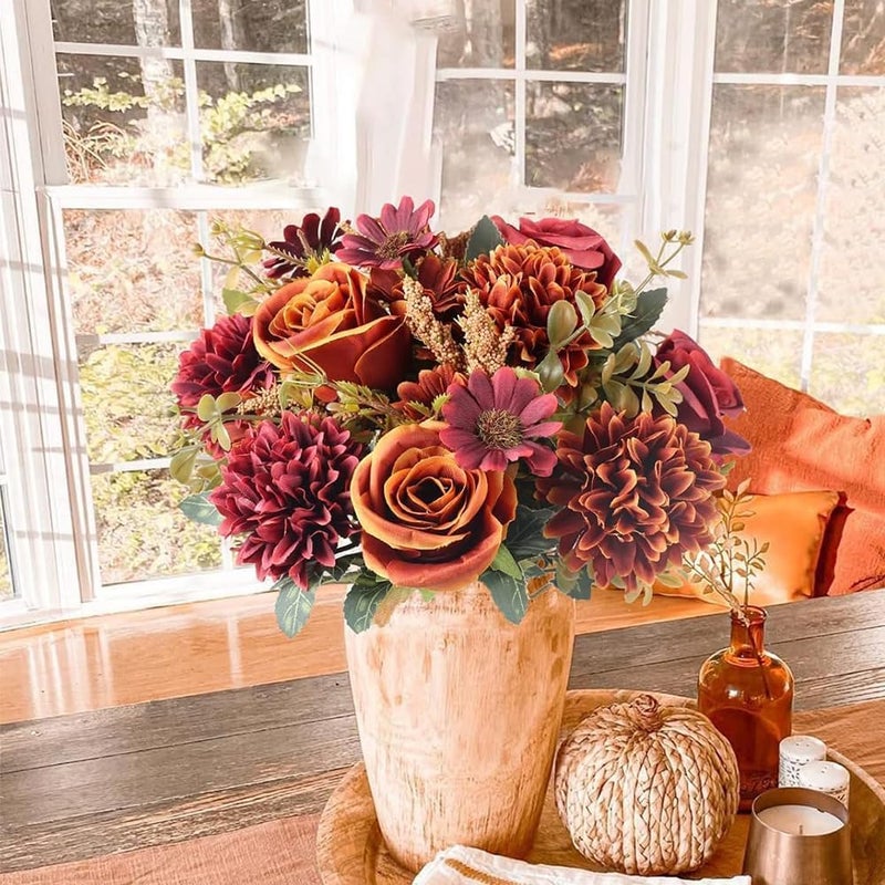 Purfex Artificial Fall Flowers|Fake Roses Silk Bouquets with Hydrangea Autumn Faux Flowers| 1 Bundle Arrangements for Home Fall Wedding Table Centerpieces Party Decor (Orange+Red) - Image 4