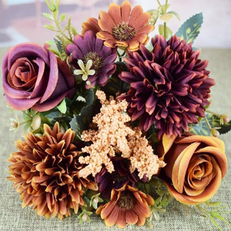 Purfex Artificial Fall Flowers|Fake Roses Silk Bouquets with Hydrangea Autumn Faux Flowers| 1 Bundle Arrangements for Home Fall Wedding Table Centerpieces Party Decor (Orange+Red) - Image 3