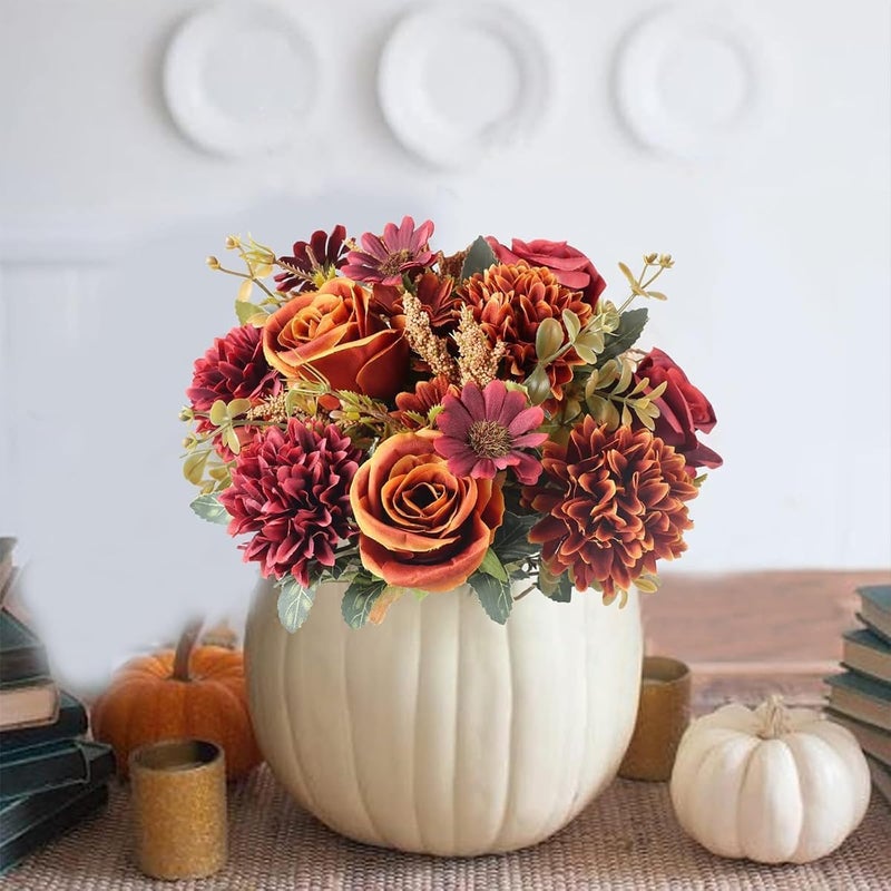 Purfex Artificial Fall Flowers|Fake Roses Silk Bouquets with Hydrangea Autumn Faux Flowers| 1 Bundle Arrangements for Home Fall Wedding Table Centerpieces Party Decor (Orange+Red) - Image 2