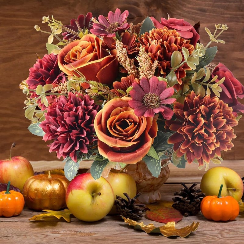 Purfex Artificial Fall Flowers|Fake Roses Silk Bouquets with Hydrangea Autumn Faux Flowers| 1 Bundle Arrangements for Home Fall Wedding Table Centerpieces Party Decor (Orange+Red) - Image 1