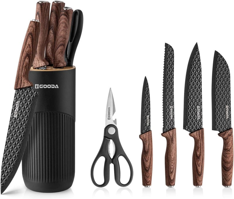GOODA Kitchen Knife Set With Block,6-Piece Professional Chef Cooking Knives Set For Kitchen,Non-Stick Stainless Steel Knife Block Set - Image 1