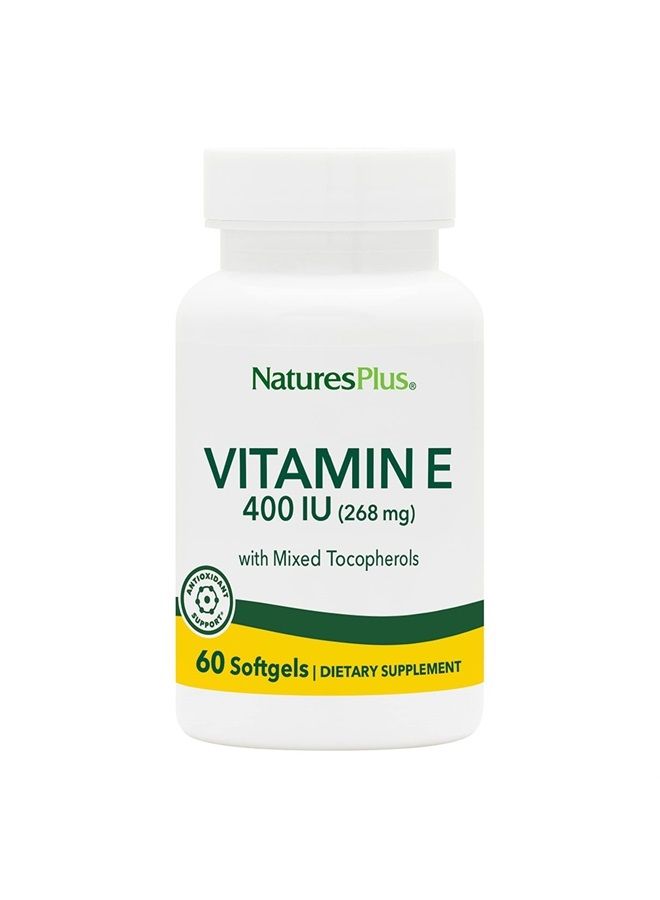 Nature's Plus فيتامين E من ناتشرز بلس - 400 وحدة دولية مختلطة من D-توكوفيرول، 60 كبسولة لينة - مكمل فيتامين E سهل البلع، مستخرج من زيت فول الصويا الطبيعي - دفاع ضد الجذور الحرة - خالي من الجلوتين - 60 حصة - Image 1