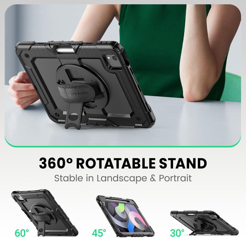 SEYMAC Case for iPad Air 5th/ 4th Generation 10.9 Inch, Full-Body Shockproof Protective Case with Screen Protector, Rotating Stand/Handle/Shoulder Strap/Pencil Holder for iPad Air 5/ Air 4, Black - Image 4