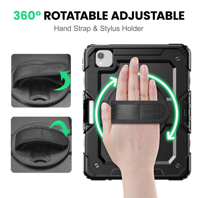 SEYMAC Case for iPad Air 5th/ 4th Generation 10.9 Inch, Full-Body Shockproof Protective Case with Screen Protector, Rotating Stand/Handle/Shoulder Strap/Pencil Holder for iPad Air 5/ Air 4, Black - Image 3