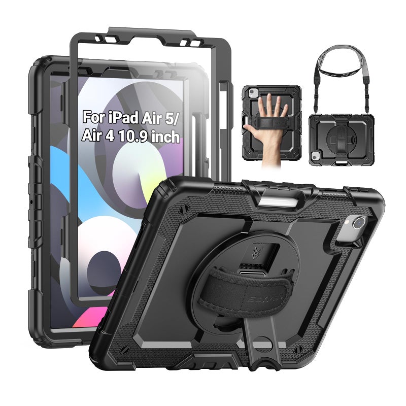 SEYMAC Case for iPad Air 5th/ 4th Generation 10.9 Inch, Full-Body Shockproof Protective Case with Screen Protector, Rotating Stand/Handle/Shoulder Strap/Pencil Holder for iPad Air 5/ Air 4, Black - Image 1