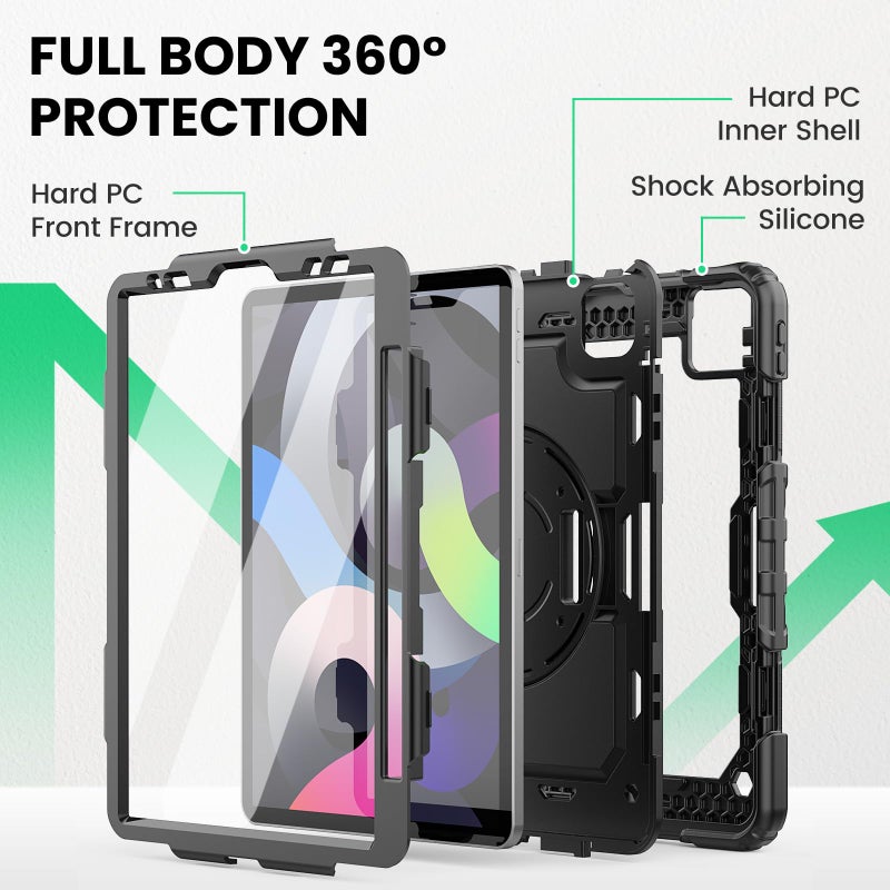 SEYMAC Case for iPad Air 5th/ 4th Generation 10.9 Inch, Full-Body Shockproof Protective Case with Screen Protector, Rotating Stand/Handle/Shoulder Strap/Pencil Holder for iPad Air 5/ Air 4, Black - Image 5