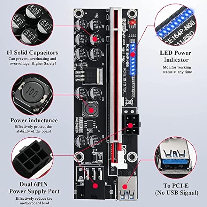 rayihni ® VER011-PRO RISER CARD 10 CAPACITORS PCI-E 1X TO 16X VER011 PRO RISER CARD WITH PCI-E 1X PLUG-IN ADAPTER CARD FOR BITCOIN CRYPTO MINING ETHEREUM MINING (PACK OF 6) - Image 2