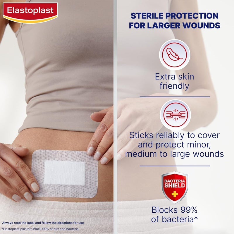 إيلاستوبلاست ضمادات الحساسة XXL Med+ (5 لصقات)، حزمة من اللصقات الإسعافية، لصقات يومية أكبر للجروح بعد العمليات الجراحية، ضمادات معقمة صديقة للبشرة للجروح، 0% لاتكس، شفافة - Image 3