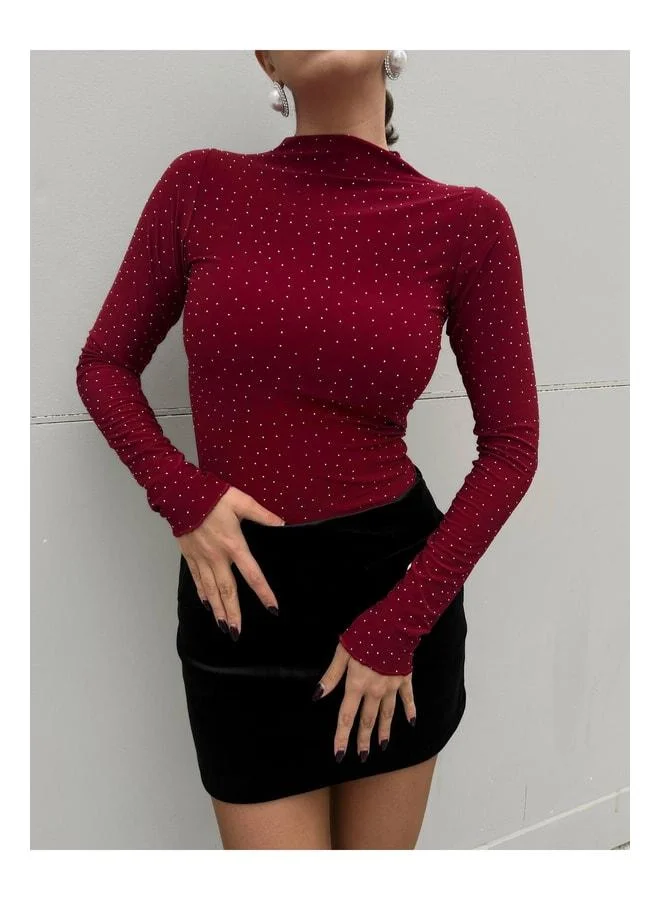 mina aise Women's Burgundy Sandy Fabric Stone-Embellished Blouse 30098.