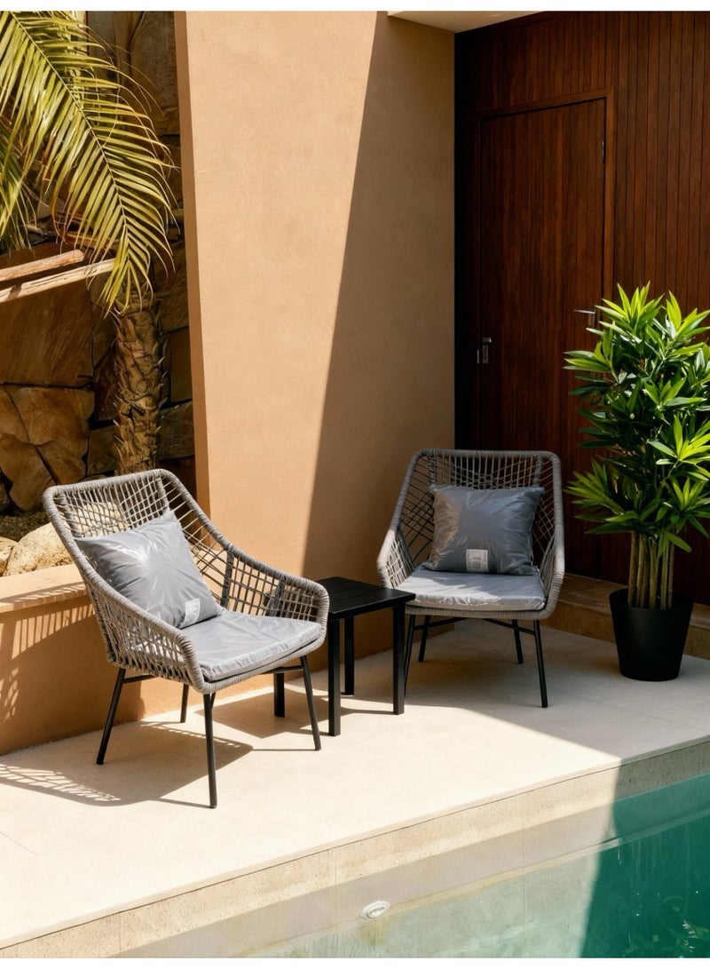 Broyhome 2+1 - Grey Rope Outdoor Balcony Chair Set with Black Table, Weather-Resistant Patio Furniture for Poolside, Garden & Villa, Luxurious & Comfortable Outdoor Seating - Image 2