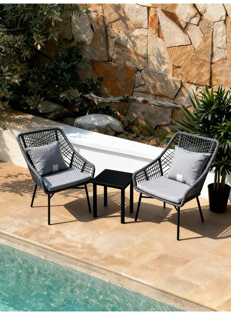 Broyhome 2+1 - Grey Rope Outdoor Balcony Chair Set with Black Table, Weather-Resistant Patio Furniture for Poolside, Garden & Villa, Luxurious & Comfortable Outdoor Seating - Image 3