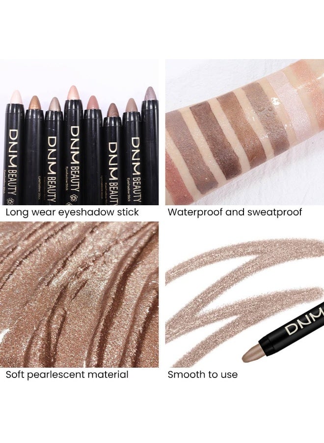 DNM 8Pcs Cream Eye Shadow Brightener Stick Makeup Set, Champagne Pearl Taupe Bronze Cocoa Stone Putty Smoky Amethyst Shimmer Matte Eyeshadow Eyeliner Pencil Applicator Stick Palette Makeup for Older Women - Image 4