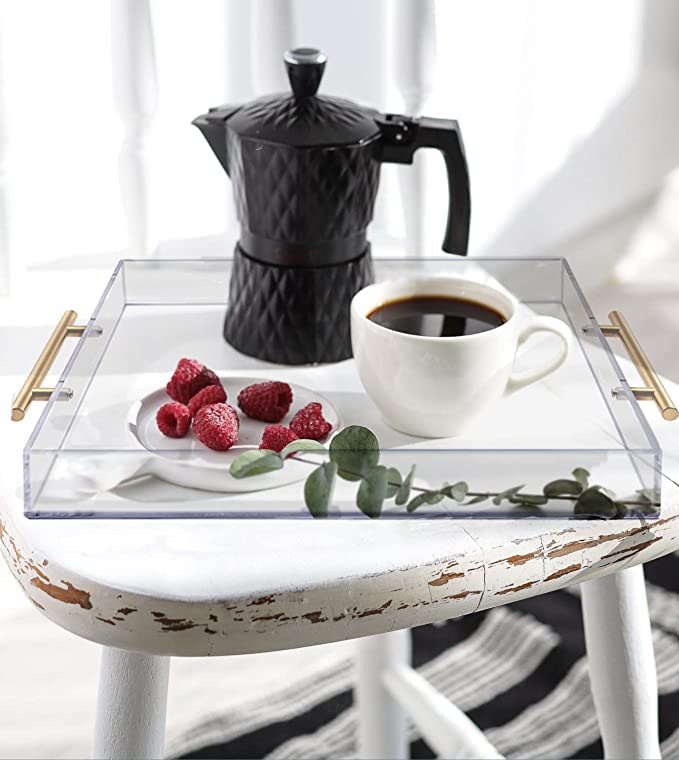 Moonlit Pond 12"x12" Clear Acrylic Serving Tray with Golden Handles, Sturdy Huge Capacity Acrylic Trays for Coffee, Juice, Kitchen and Desk Organizer, Storage Tray (12"x12") - Image 2