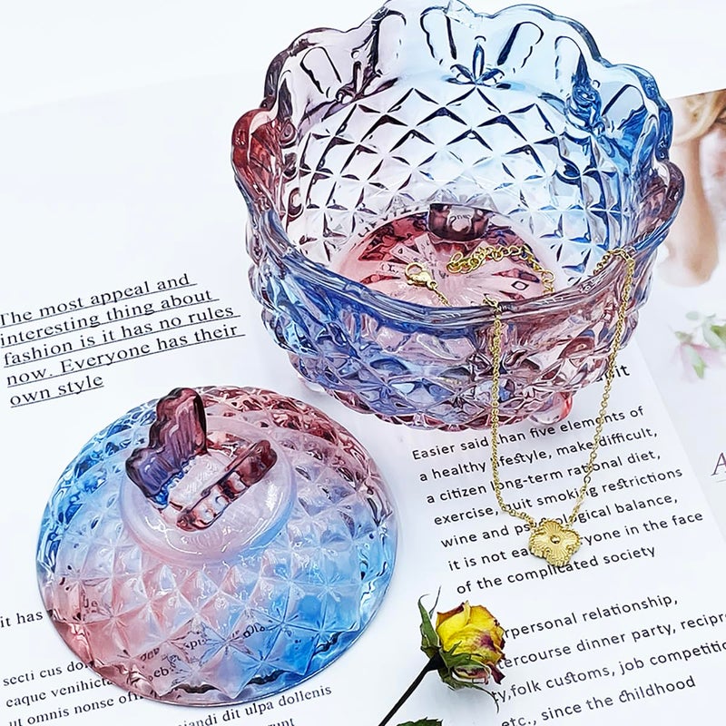 EWEIGEER Colorful Crystal Glass Candy Snack Barrel Storage Jar Embossed Luxury Cookie Buffet Canister With Lids Jewelry Box Jar Biscuit Containers(Blue Purple Mixture) - Image 4