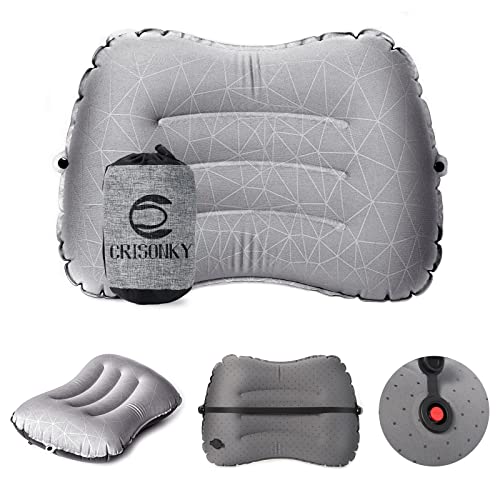 Crisonky Camping Pillow - Inflatable Pillow - Travel Pillows for Backpacking & Airplane, Lumbar Support 2.0 Blow Up Pillow, Ultralight Compressible, Comfortable, Ergonomic Pillows (Light Grey) - Image 1