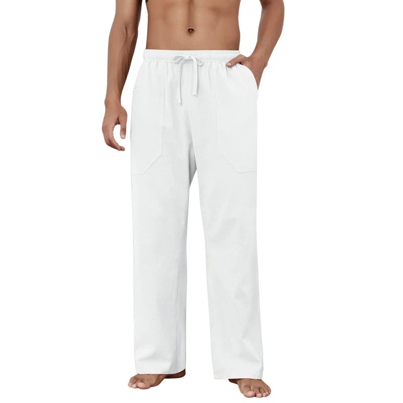 Puimentiua Cotton Linen Pants Men Casual Loose Fit Elastic Drawstring Waist Summer Beach Pants(White,L) - Image 2