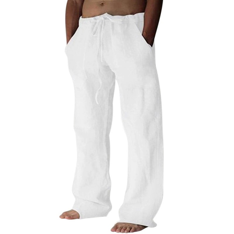 Puimentiua Cotton Linen Pants Men Casual Loose Fit Elastic Drawstring Waist Summer Beach Pants(White,L) - Image 1
