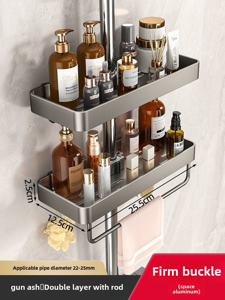 Manufacturers supply toilet buckle shower rack tray punch-free shower room shower rod bracket integrated(Gun ash-double layer with rod, No specifications) - Image 1