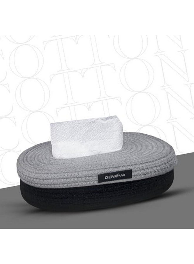 DENOVA Cotton Tissue Box Holder, Handcrafted Tissue Container for 100 Pulls Paper Towel Dispenser for Office Living Bedroom Car Desk Dining Table Home Decor (Standard, Grey + Black) - Image 2