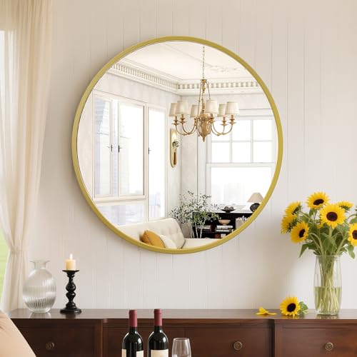 NEWBULIG Round Bathroom Mirror for Over Sink, 20 Inch Wall Mount Vanity Circle Mirror with Matte Metal Framed, Decor for Bathroom, Entryway, Bedroom, Gold - Image 1