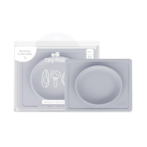 ezpz Tiny Plate (Pewter) - 6 Months+ - 100% Silicone Suction Placemat + Plate for Infants - Fits on Most Highchair Trays - Baby Led Weaning Supplies - Image 1