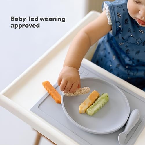 ezpz Tiny Plate (Pewter) - 6 Months+ - 100% Silicone Suction Placemat + Plate for Infants - Fits on Most Highchair Trays - Baby Led Weaning Supplies - Image 4