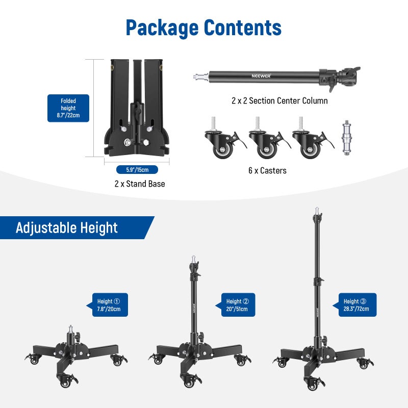 Neewer NEEWER Pack of 2 Heavy Duty Light Stands with Wheels, 2.4 Feet Max. Height, Foldable Tripod Stand for Low Angle Shooting, Light Stand for Softbox, Monolight and Other Photography Equipment, ST72 - Image 3