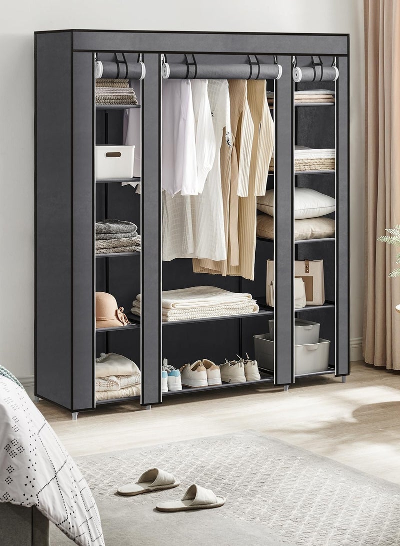 AsolBD Double Canvas Wardrobe Cupboard Clothes Hanging Rail Storage Shelves Grey 150 x 175 x 45 cm - Image 2