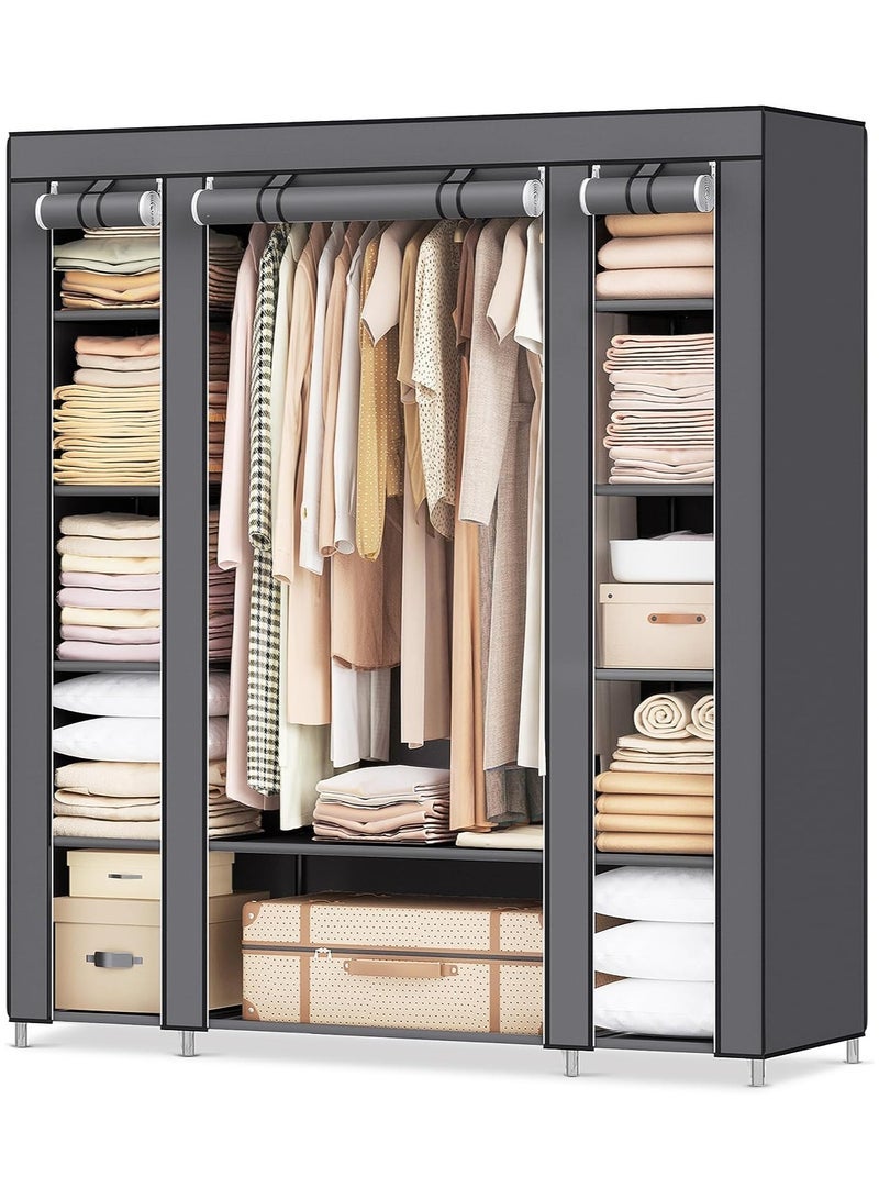 AsolBD Double Canvas Wardrobe Cupboard Clothes Hanging Rail Storage Shelves Grey 150 x 175 x 45 cm - Image 3
