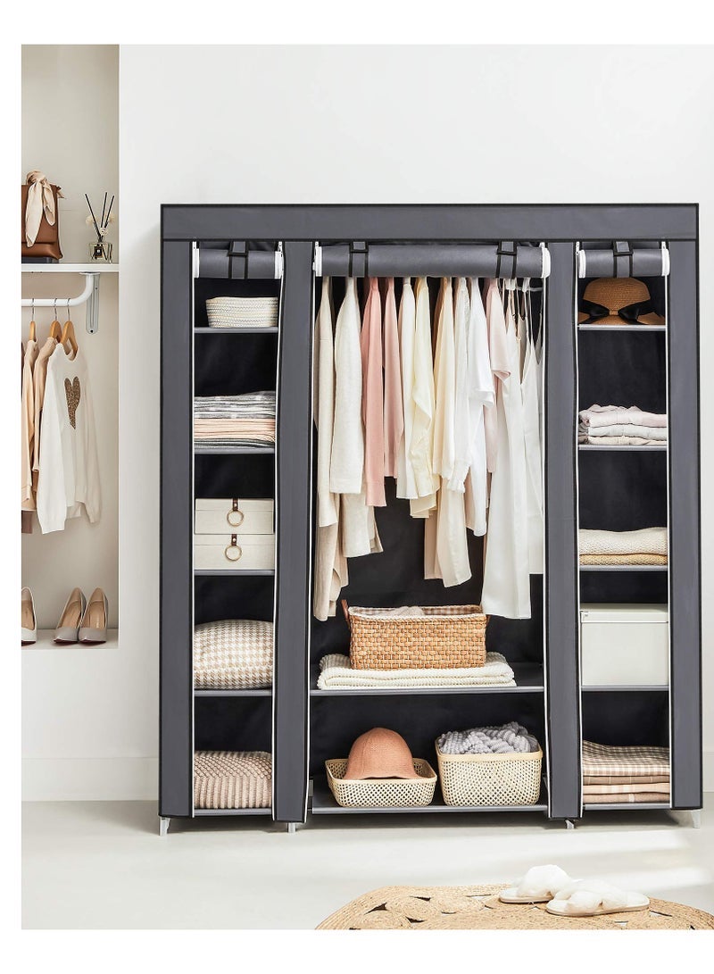 AsolBD Double Canvas Wardrobe Cupboard Clothes Hanging Rail Storage Shelves Grey 150 x 175 x 45 cm - Image 4