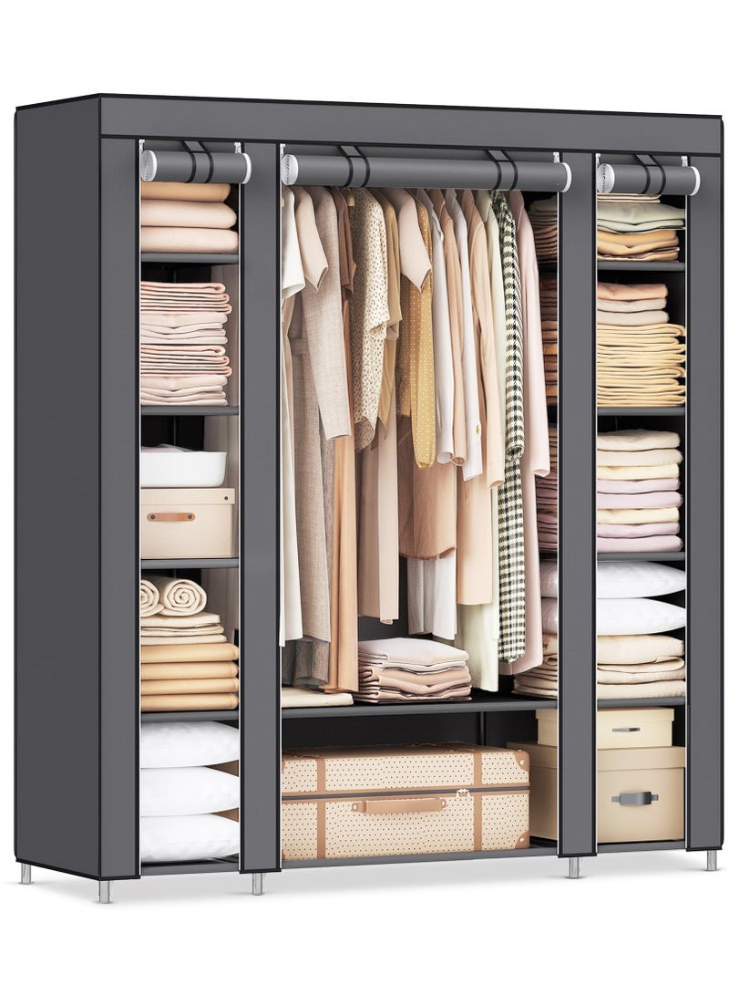 AsolBD Double Canvas Wardrobe Cupboard Clothes Hanging Rail Storage Shelves Grey 150 x 175 x 45 cm - Image 1