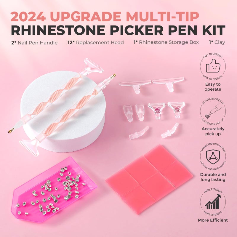 Eudaicful Rhinestone Picker Tool Kit: 2Pcs Rhinestone Picker Handle, Dual-Ended Rhinestones Applicator Dotting Pen with 12 Upgraded Plastic Replacement Tips, Clay, Bedazzling Tools for Nail Art Craft (Pink) - Image 2