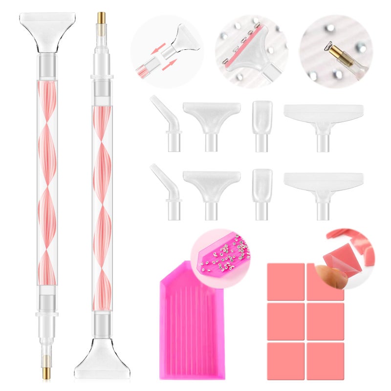 Eudaicful Rhinestone Picker Tool Kit: 2Pcs Rhinestone Picker Handle, Dual-Ended Rhinestones Applicator Dotting Pen with 12 Upgraded Plastic Replacement Tips, Clay, Bedazzling Tools for Nail Art Craft (Pink) - Image 1
