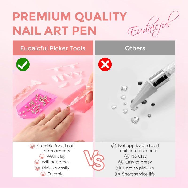 Eudaicful Rhinestone Picker Tool Kit: 2Pcs Rhinestone Picker Handle, Dual-Ended Rhinestones Applicator Dotting Pen with 12 Upgraded Plastic Replacement Tips, Clay, Bedazzling Tools for Nail Art Craft (Pink) - Image 3