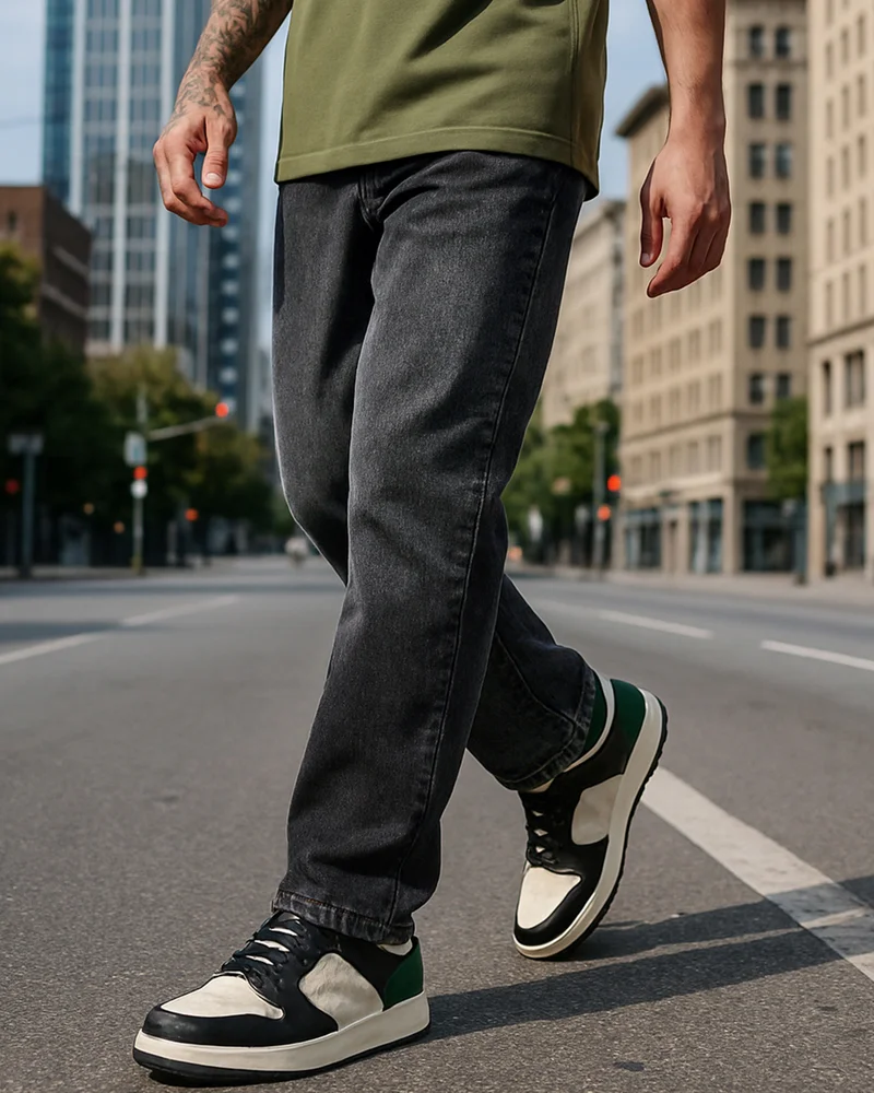 بيواكوف جينز رجالي رمادي واسع بخصر متوسط مغسول