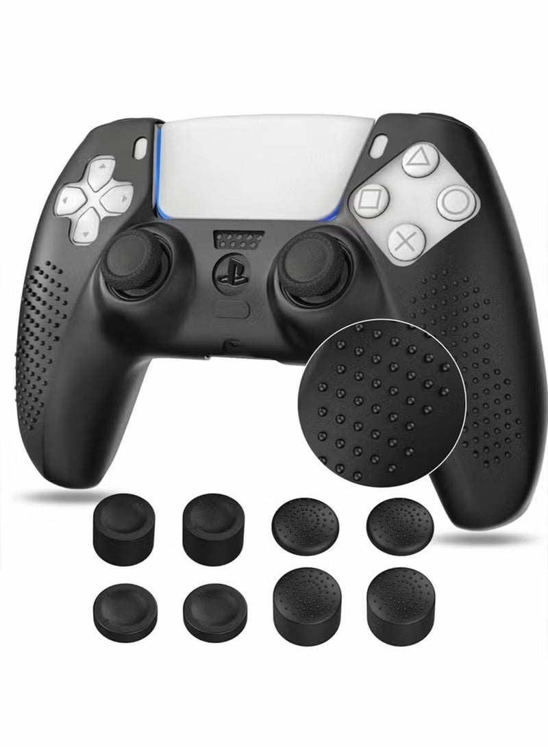 1 Set Controller Cover Skin Case + 8 Thumb Grips Set Compatible with Sony PS5 Playstation 5 - Protective Soft Silicone Gel & Anti-Slip Stick Caps Accessories for Video Games Gamepad Black - Image 1